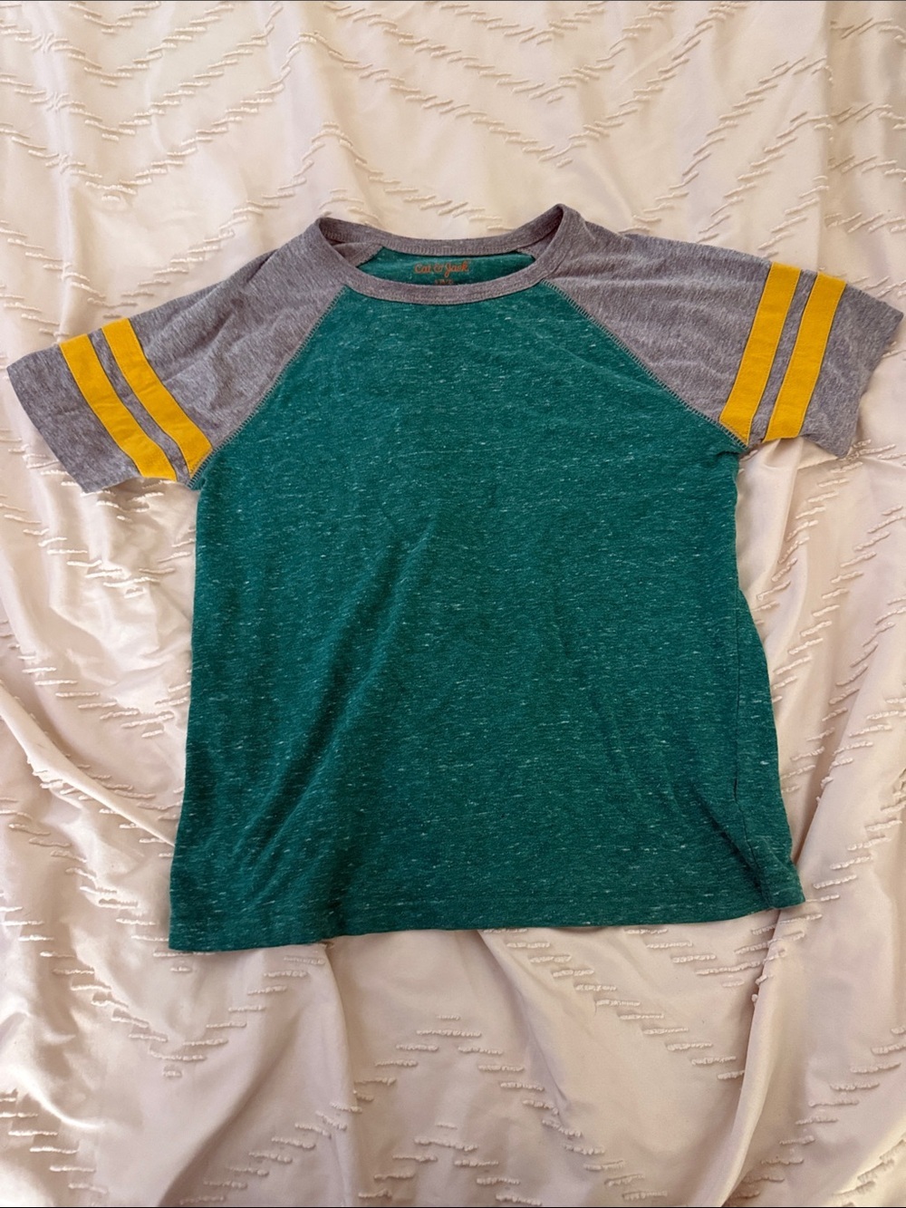 Kids Heathered Green and Grey Raglan Tee with Yellow Stripe Sleeves